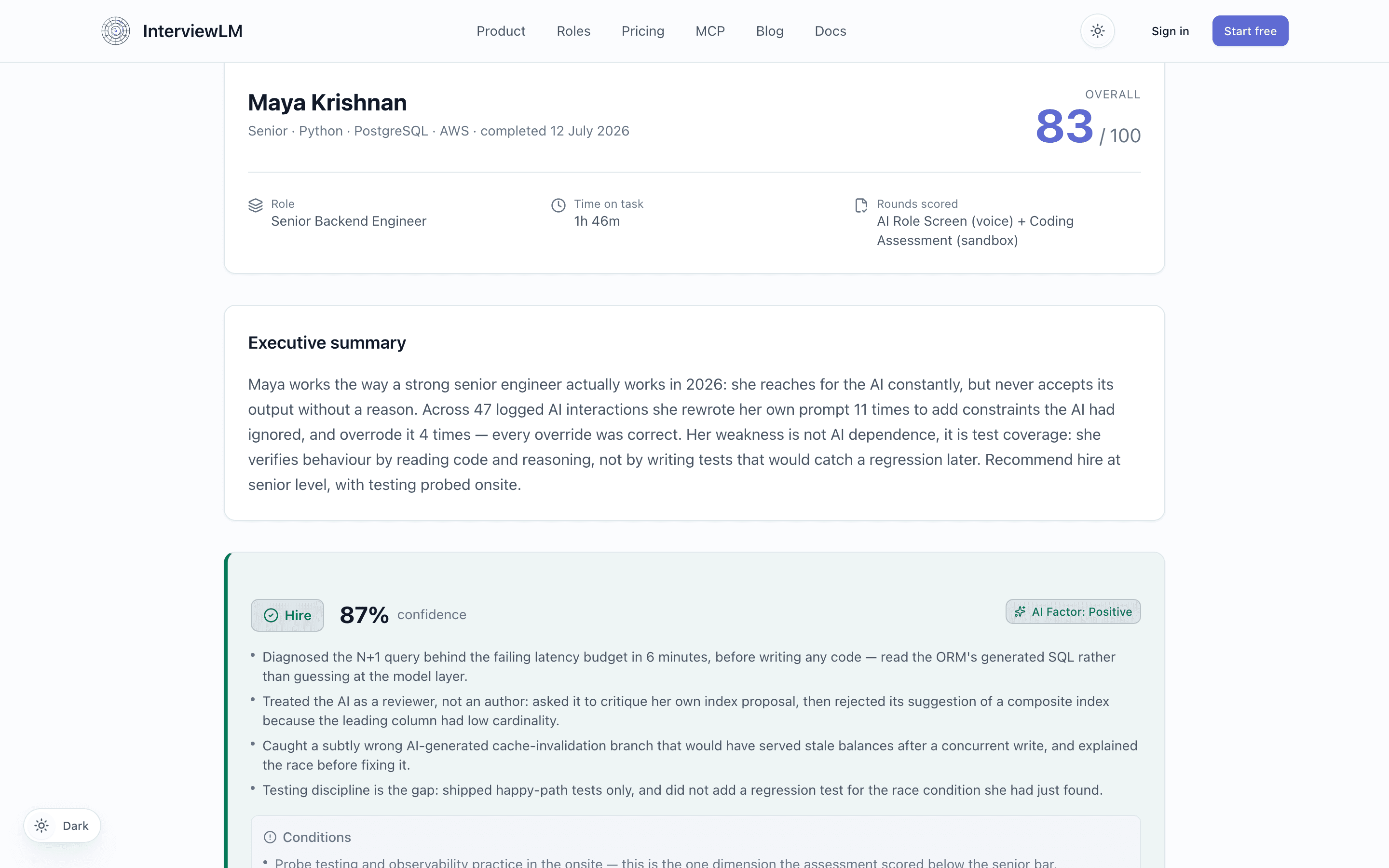 InterviewLM evaluation report showing a Hire recommendation at 87% confidence, the reasoning behind it, and conditions to probe in the next round.