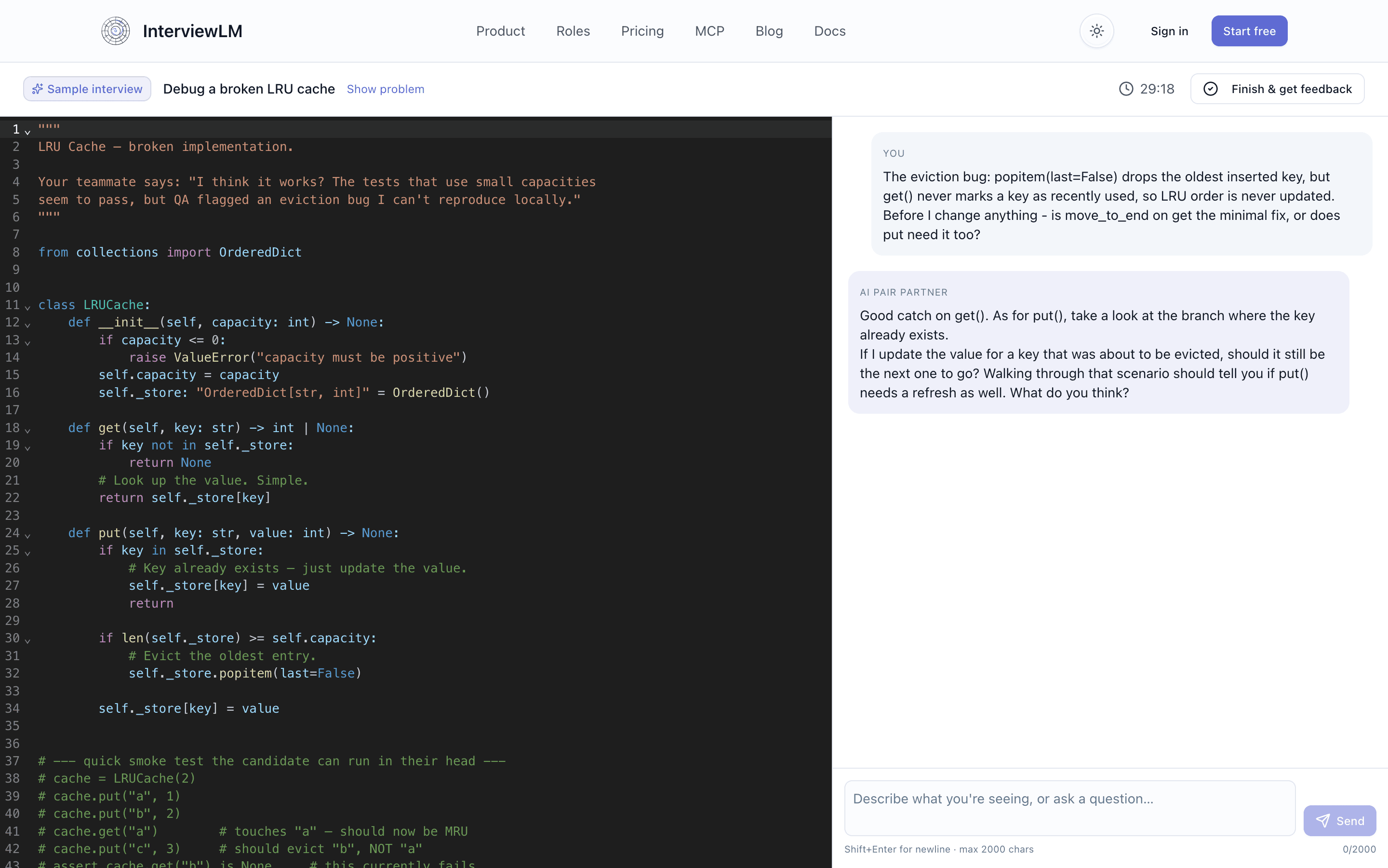 InterviewLM interview session: a Python LRU cache with a deliberate eviction bug open in the editor, a countdown timer, and an AI pair-partner conversation in the right panel.